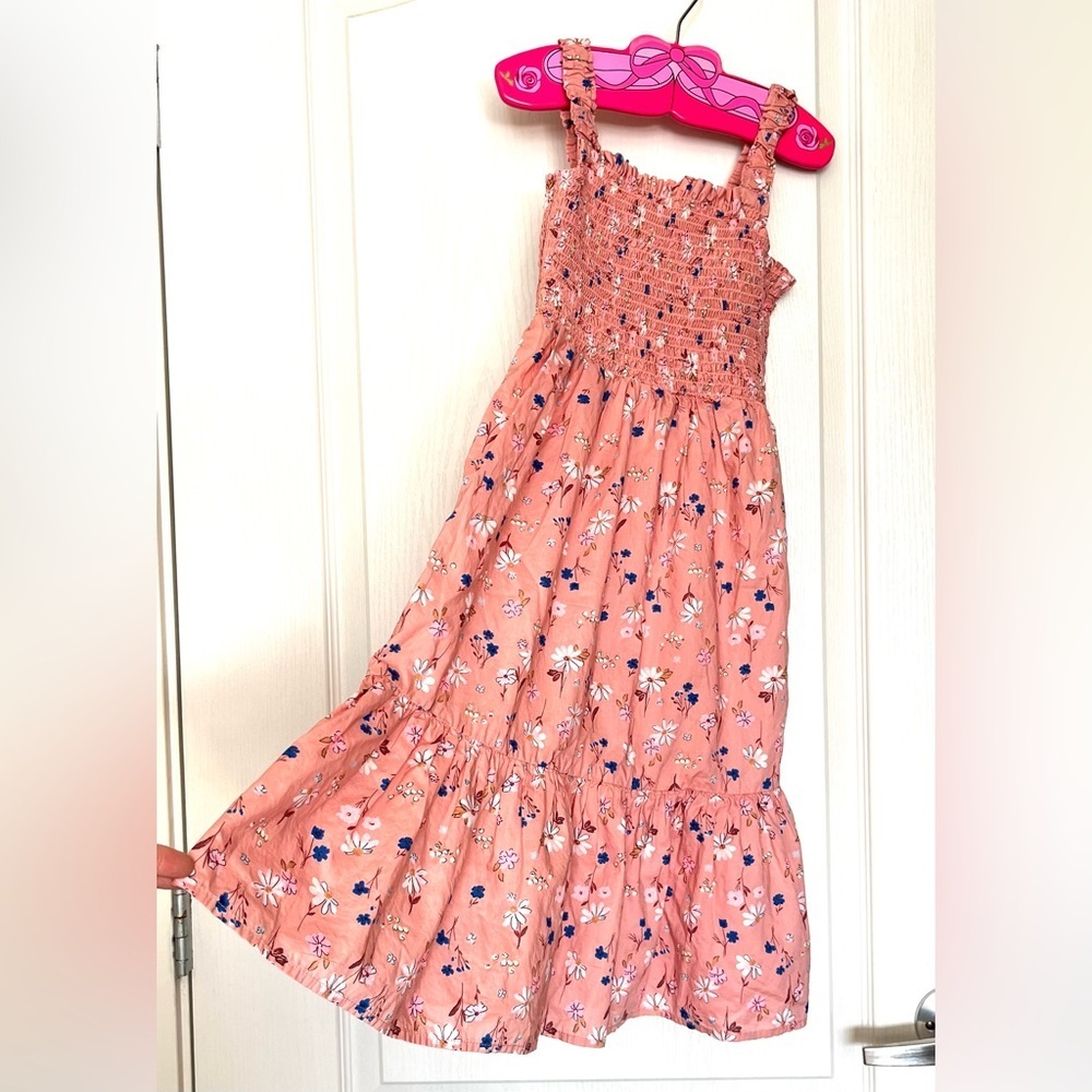 H&M Girls Sz 7 Pink Smocked Floral Midi‎ Dress Cottagecore Fairycore Boho Girly